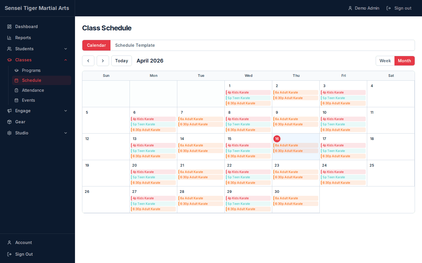 Class Calendar — Visual schedule management