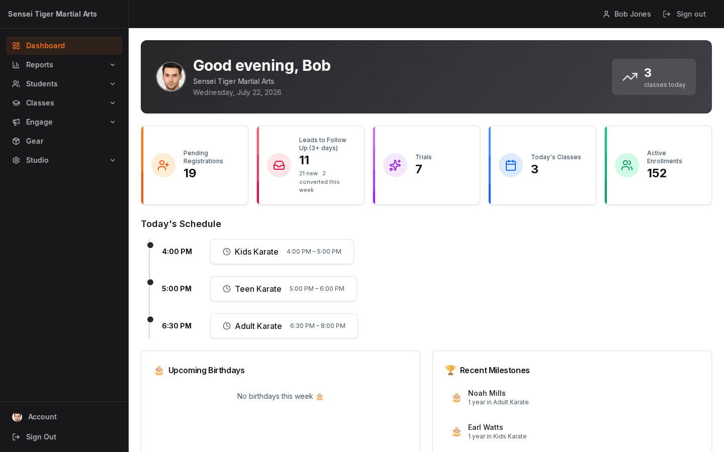 Dashboard — Your studio at a glance